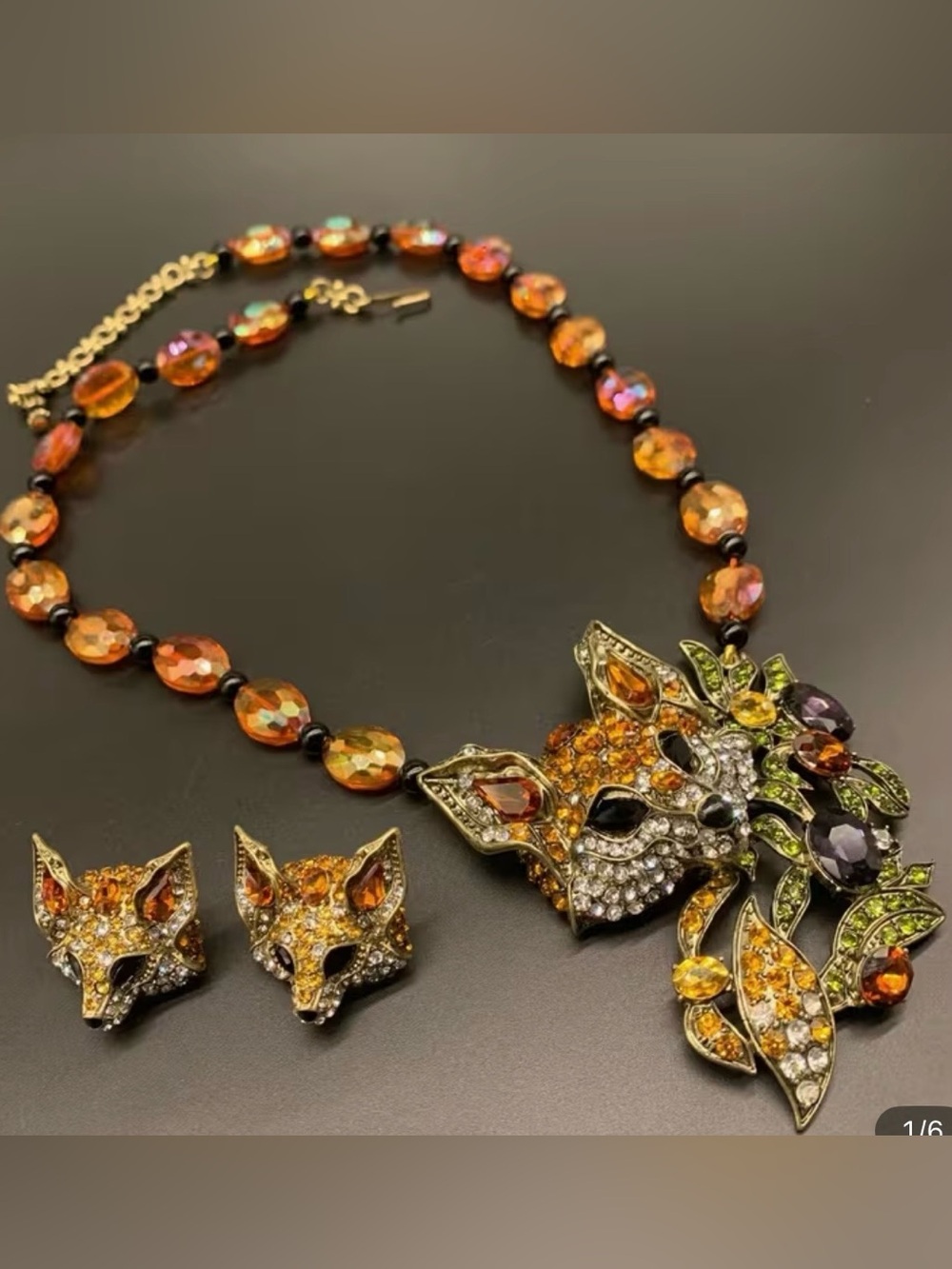 NWT Orange Crystal Fox Necklace and Stud Earrings Set, Fall Jewelry Set